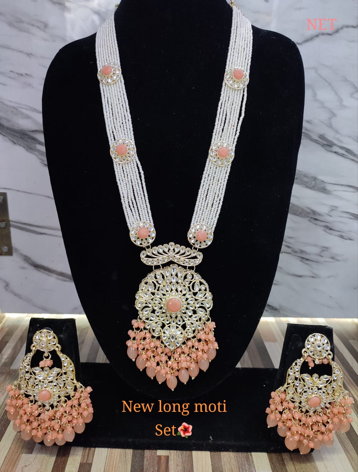 Peach Long Moti Necklace Set
